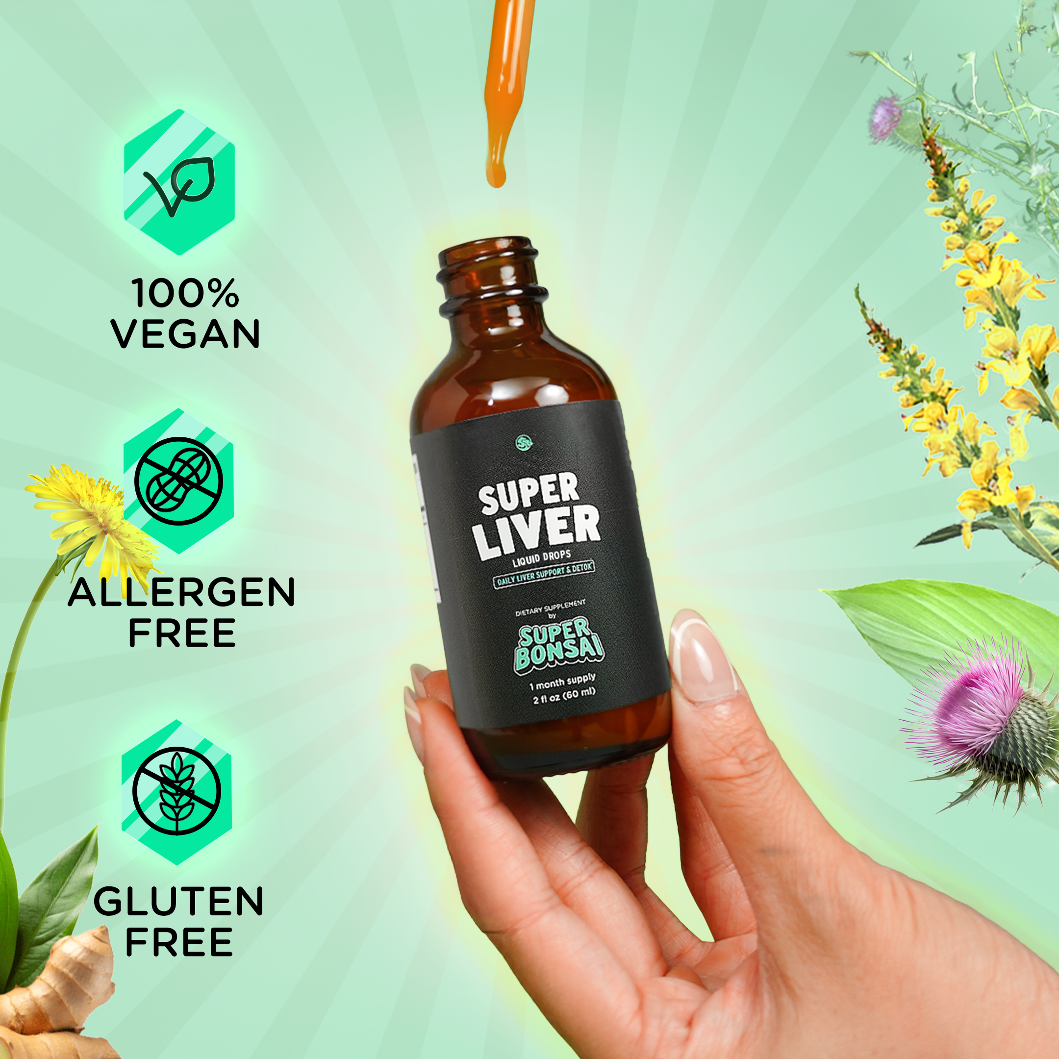Hand holding an amber glass bottle of Super Liver, 100% vegan, allergen free and gluten free.