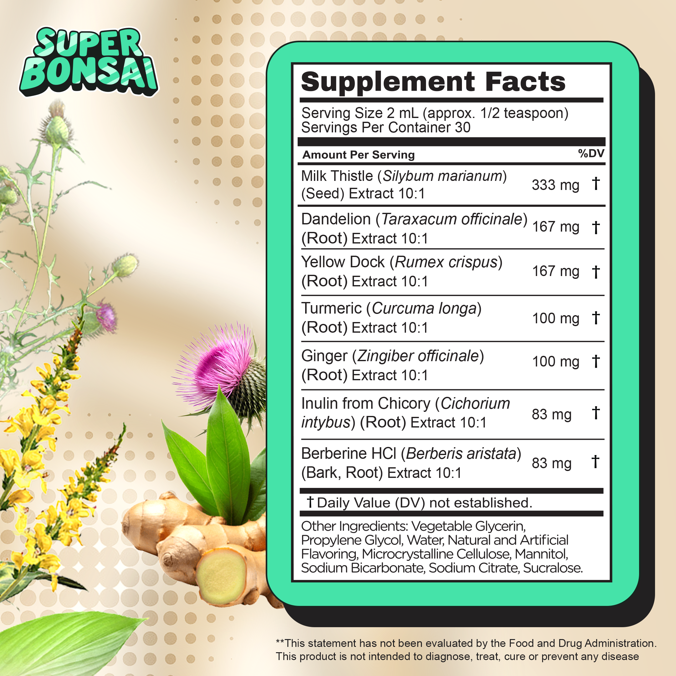 Supplement facts label showing serving size and ingredient amounts.