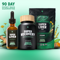 Super Recovery bottle, Super Liver dropper bottle, and Super Liver Tea pouch. 