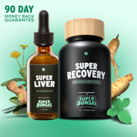 Drinker’s Duo showing Super Recovery bottle and Super Liver amber dropper with 90 Day Money-Back-Guarantee badge. 