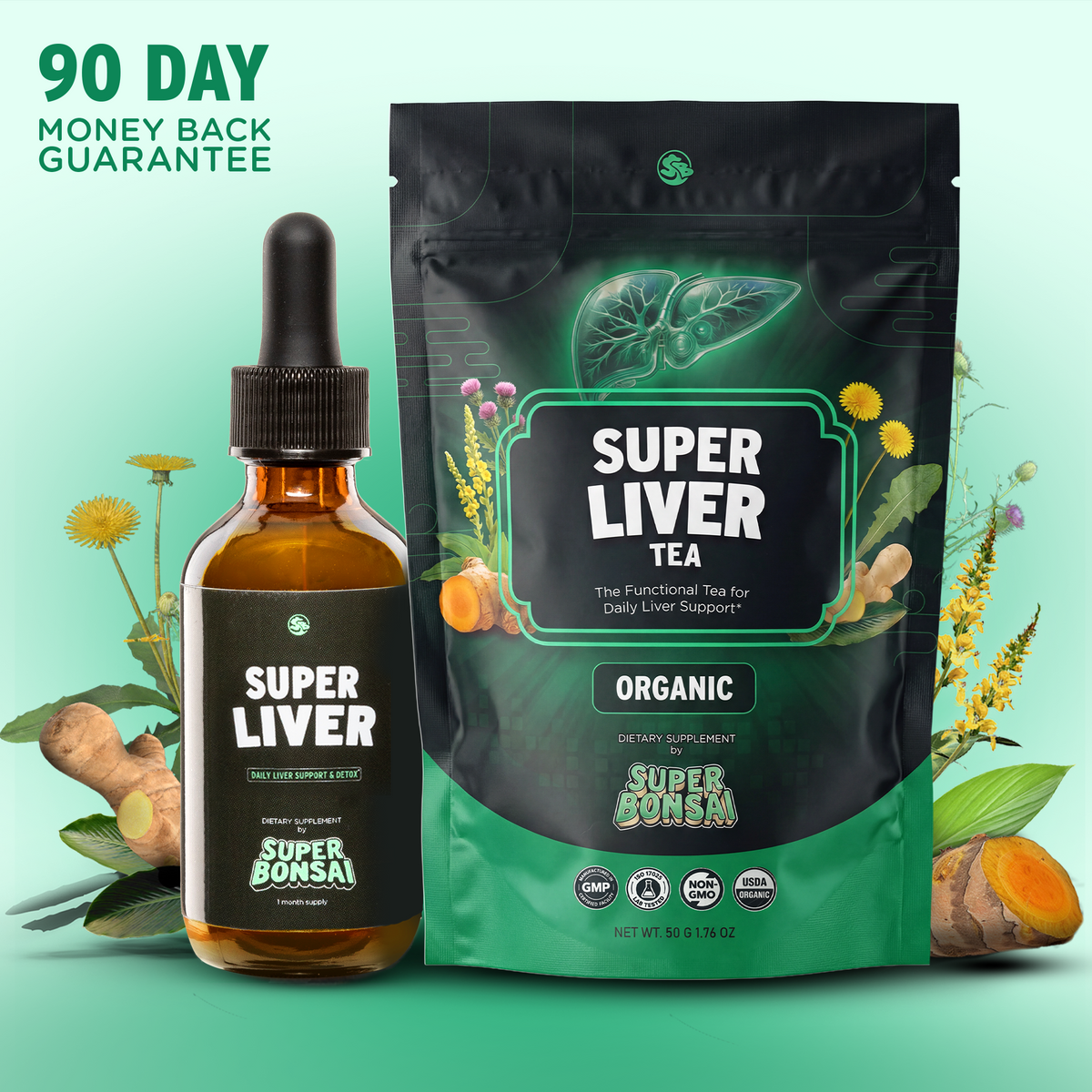 Super Liver drops and Super Liver Tea pouch. 