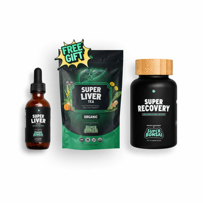 Super Liver dropper bottle, a Super Liver Tea pouch as gift and a Super Recovery bottle. 