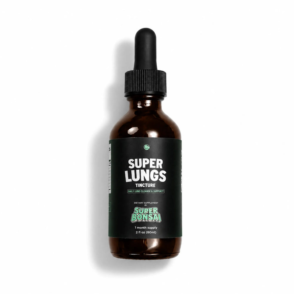A 2 fl oz amber glass dropper bottle of Super Lungs Tincture by Super Bonsai, featuring a black label and dropper cap on a white background.