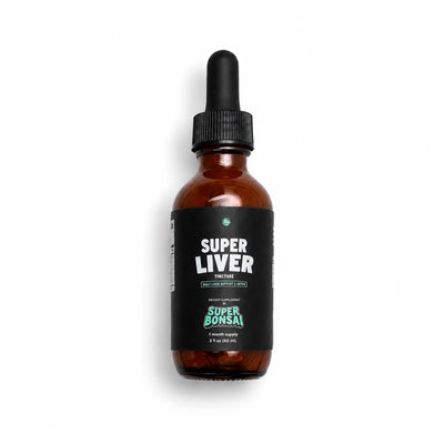 An amber glass dropper bottle of Super Liver Tincture by Super Bonsai, featuring a black label and dropper cap on a white background.