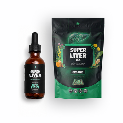 Super Liver Tea and amber glass dropper bottle. 