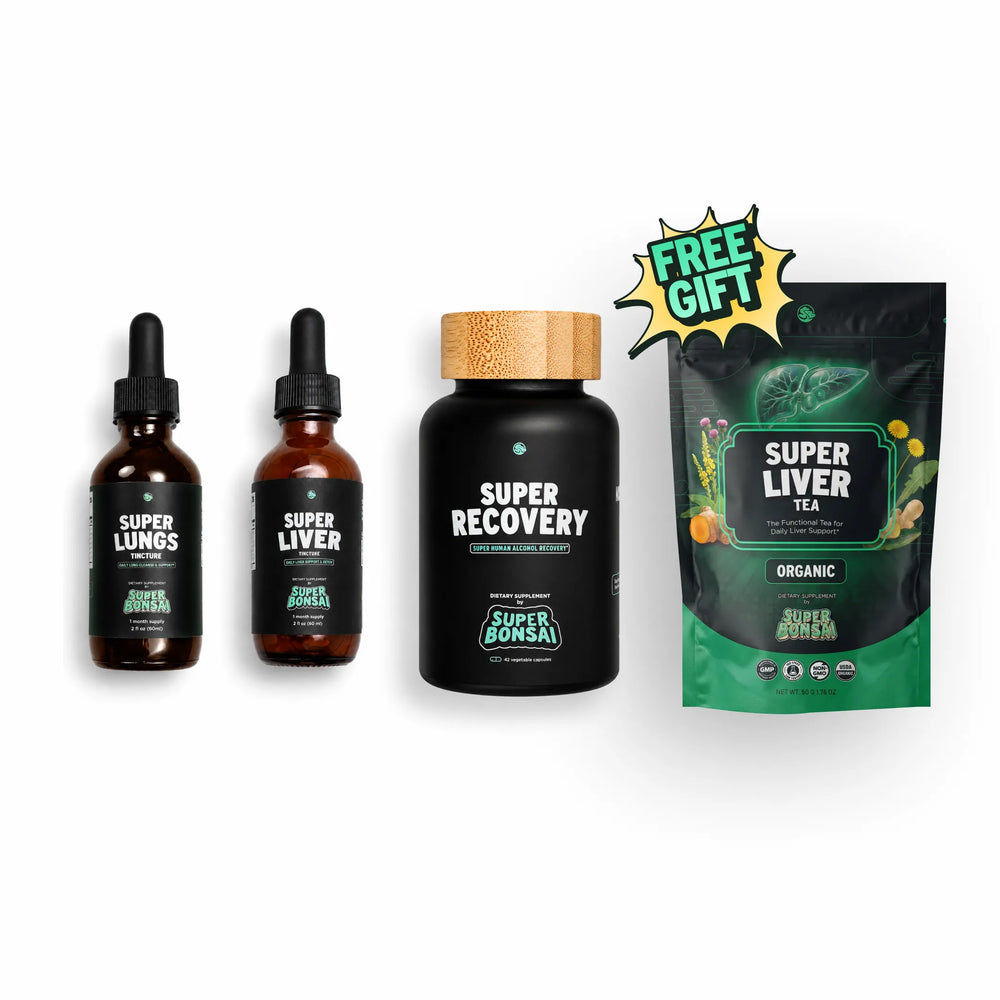 Super Lungs dropper, Super Liver bottle, Super Recovery bottle, and Super Liver tea pouch all set on white background