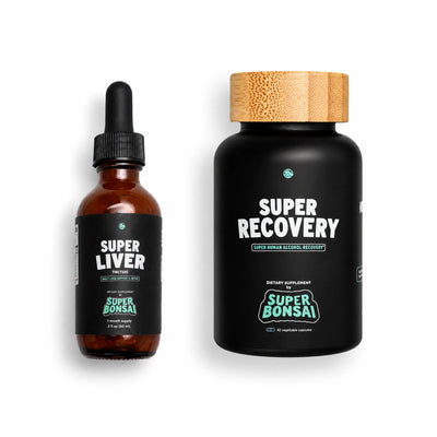 Super Liver enzyme bottle and a bottle of Super Recovery dietary supplement.