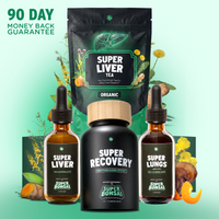 Front of Healthy Habits Bundle showcasing Super Recovery bottle with Super Liver tea and Lungs drops on mint background