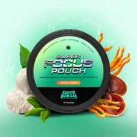 Front view of Super Focus can showcasing Mystical Mango flavor, mushroom ingredients, and 15 pouches on a mint green background