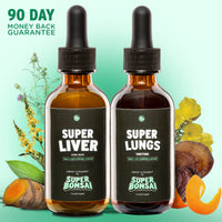 Super Liver and Super Lungs amber dropper bottles and 90 Day Money-Back-Guarantee badge.