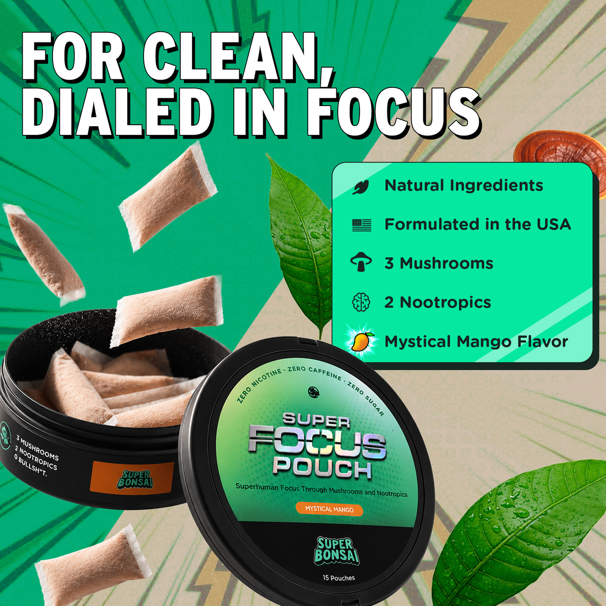 Super Focus Pouch infographic. The image shows a black round tin of the product, an open tin with several beige rectangular pouches floating out, large green leaves, and a green information panel listing ingredients and flavor.