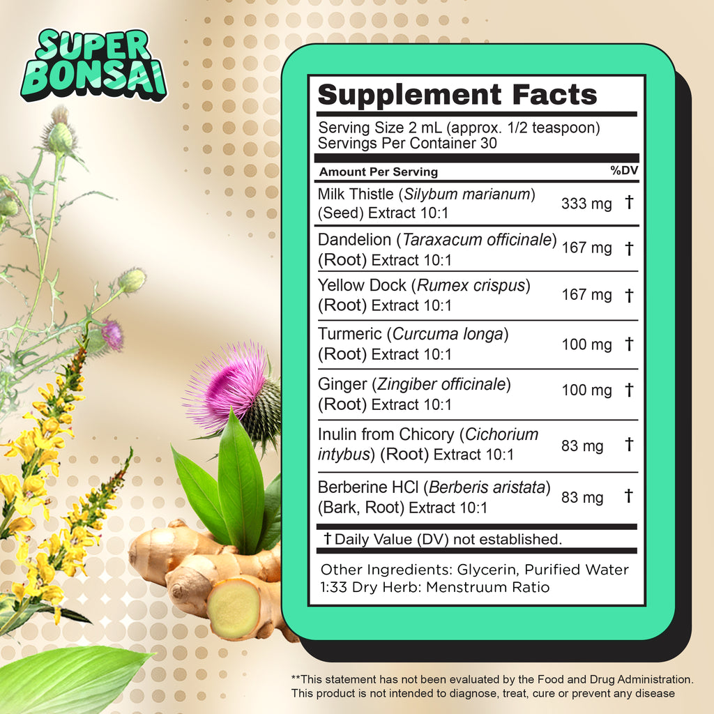 A supplement facts panel for Super Liver drops, featuring a green-bordered label with ingredient details like milk thistle, dandelion, yellow dock, turmeric, ginger, and berberine. The panel is set against a beige background with botanical illustrations and the Super Bonsai logo.