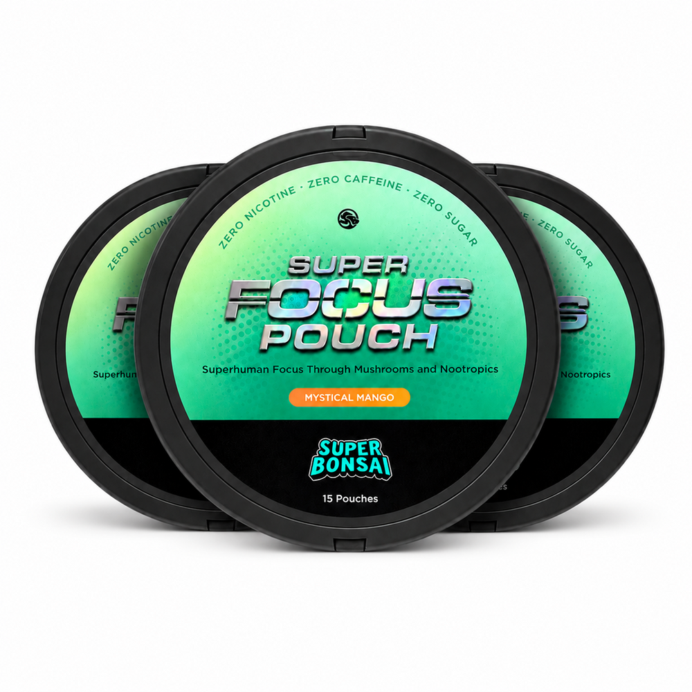 Three tins of Super Focus Pouch, Mystical Mango flavor. 