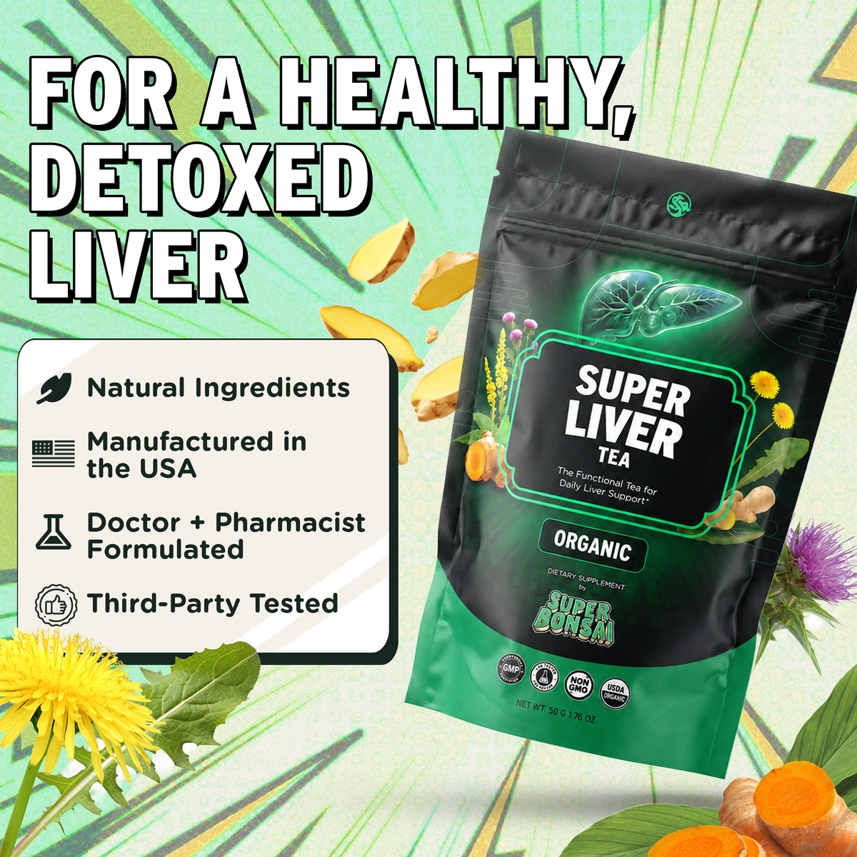 Super Liver Tea shown on a stylized green background with floating turmeric roots and large marketing text reading 'FOR A HEALTHY, DETOXED LIVER.' The package is black and green with a leaf graphic and ingredient illustrations.