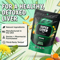 Super Liver Tea shown on a stylized green background with floating turmeric roots and large marketing text reading 'FOR A HEALTHY, DETOXED LIVER.' The package is black and green with a leaf graphic and ingredient illustrations.