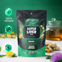 A stand-up pouch of Super Liver Tea noting it is 100% Vegan, Allergen Free, and Gluten Free. 