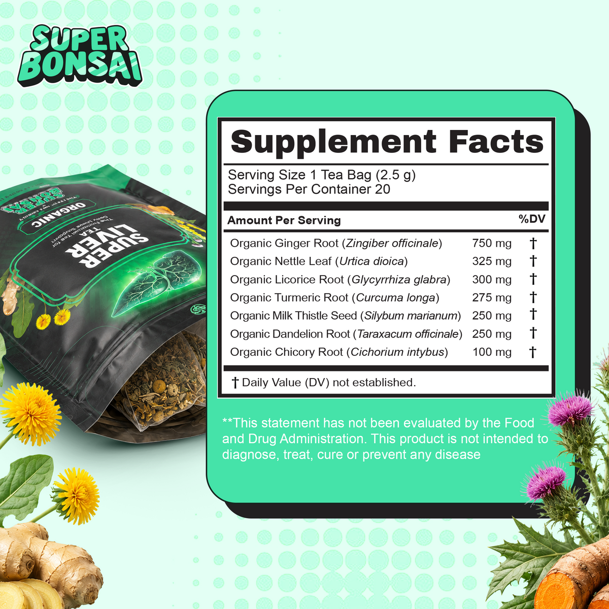 A supplement facts label for Super Bonsai Organic Super Leaf Tea is shown prominently on a mint-green background, with a bag of the tea and its ingredients.