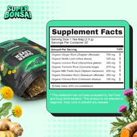 A supplement facts label for Super Bonsai Organic Super Leaf Tea is shown prominently on a mint-green background, with a bag of the tea and its ingredients.