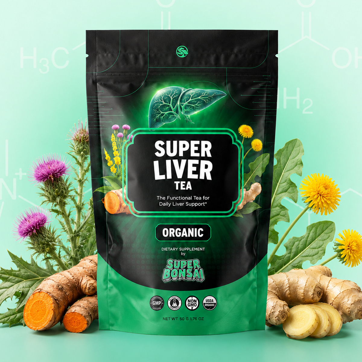 A stand-up pouch of Super Liver Tea dietary supplement by Super Bonsai, styled with turmeric roots, ginger, and flowers on a mint green background.