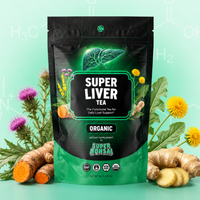 A stand-up pouch of Super Liver Tea dietary supplement by Super Bonsai, styled with turmeric roots, ginger, and flowers on a mint green background.