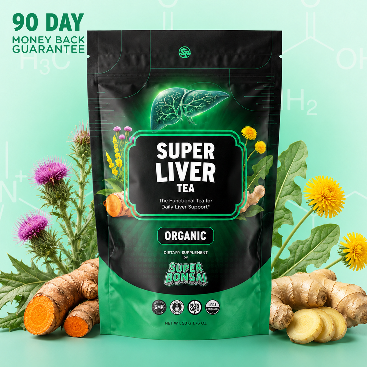 Super Liver Tea pouch and 90 Day Money-Back-Guarantee. 