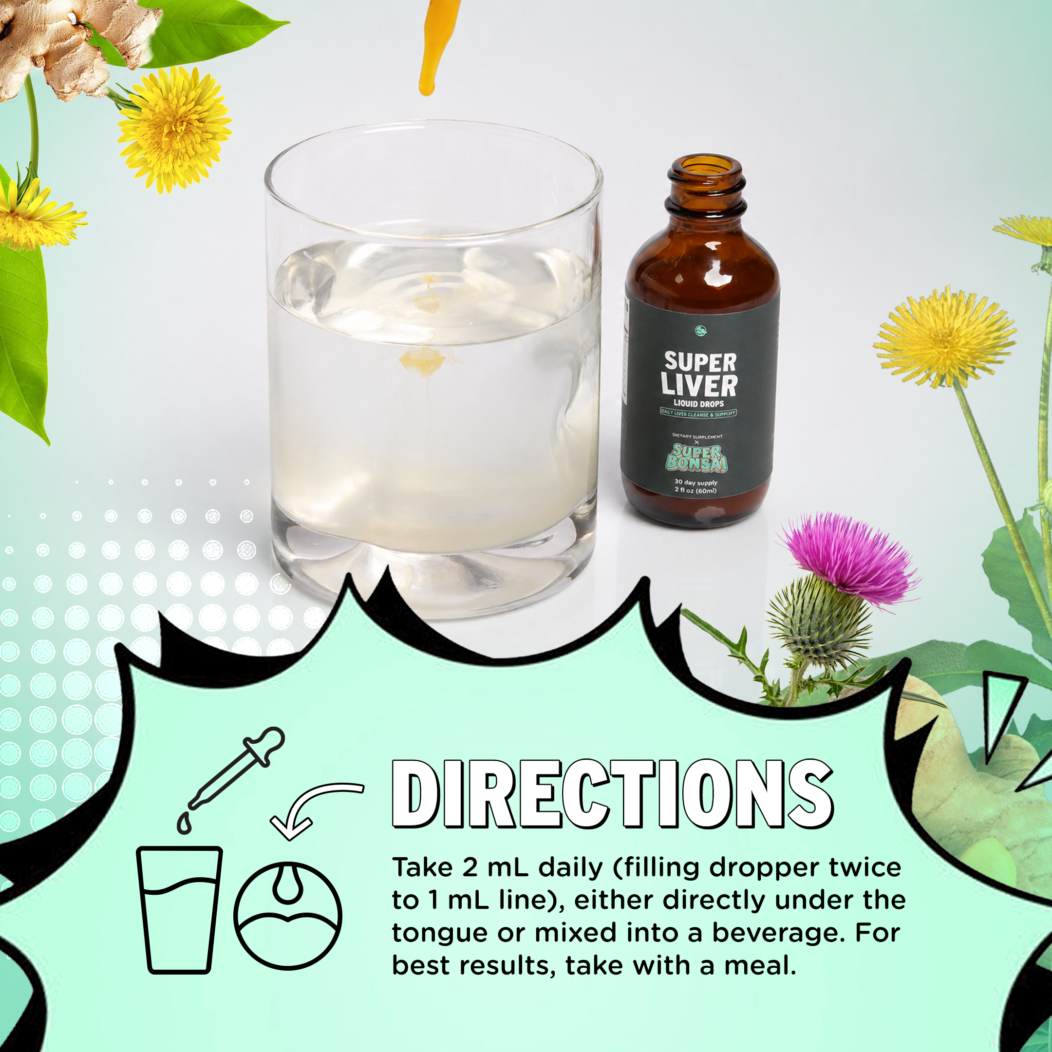 Directions graphic showing daily dosage for Super Liver. 