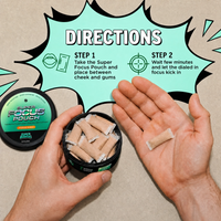 Hands holding Super Focus Pouch nicotine pouches with instructions on how to use them.